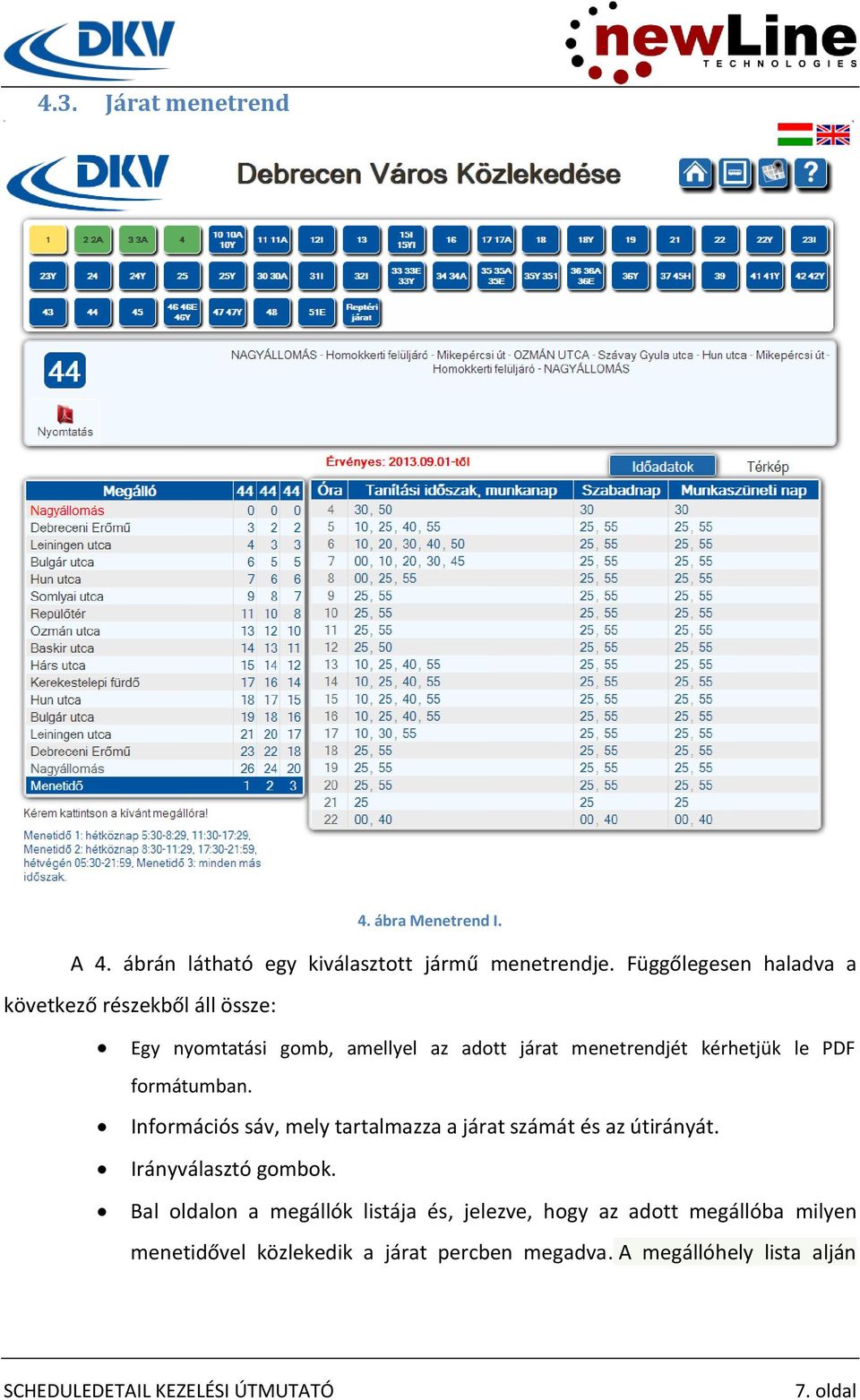 kérhetjük le PDF formátumban. Információs sáv, mely tartalmazza a járat számát és az útirányát. Irányválasztó gombok.