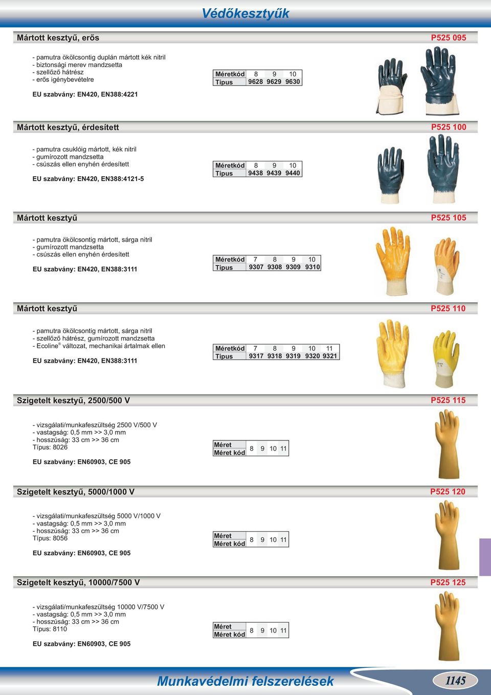 30 30 3 Mártott kesztyű P525 1 pamutra ökölcsontig mártott, sárga nitril szellőző hátrész, gumírozott mandzsetta Ecoline változat, mechanikai ártalmak ellen, EN3:3111 31 31 31 320 11 321 Szigetelt