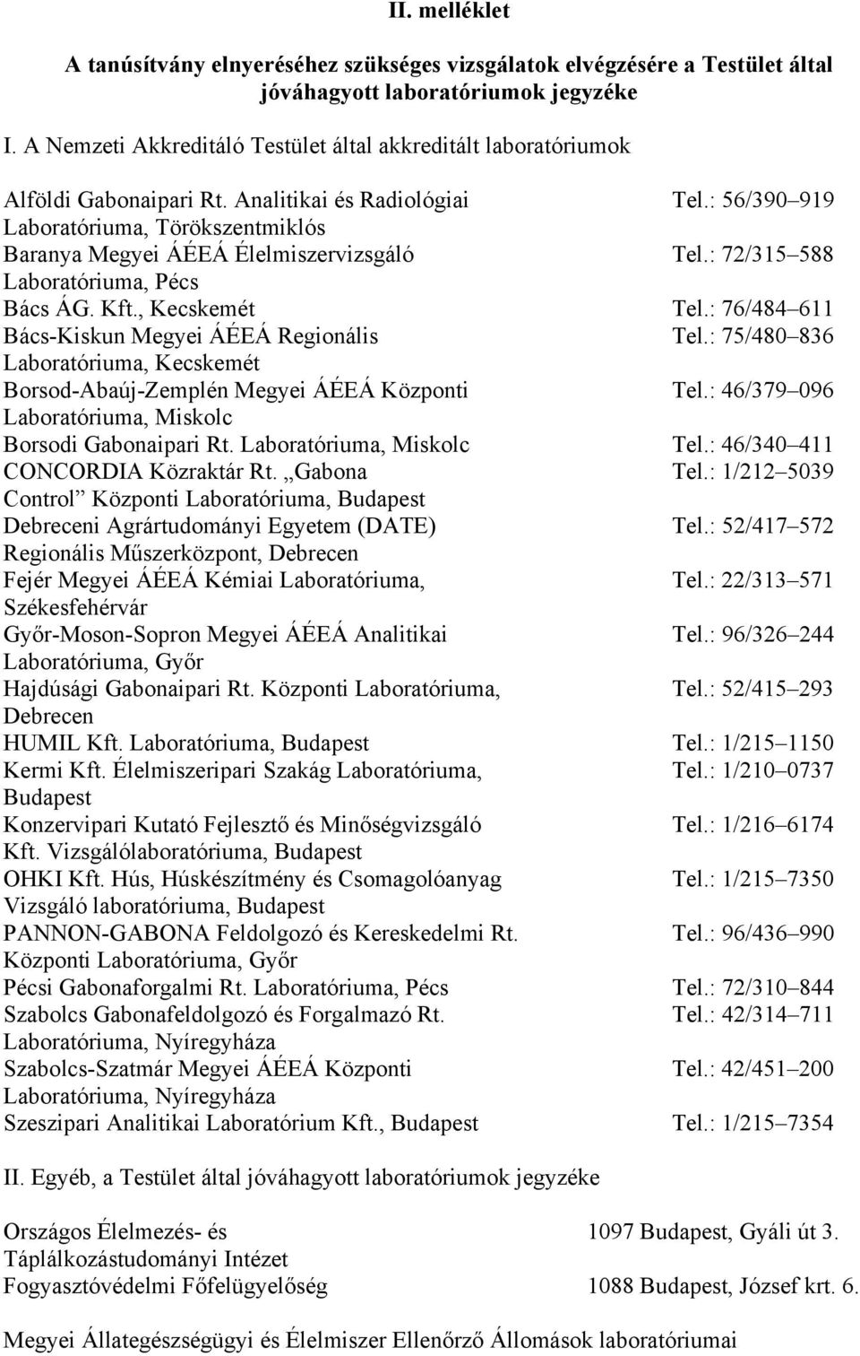 : 56/390 919 Laboratóriuma, Törökszentmiklós Baranya Megyei ÁÉEÁ Élelmiszervizsgáló Tel.: 72/315 588 Laboratóriuma, Pécs Bács ÁG. Kft., Kecskemét Tel.