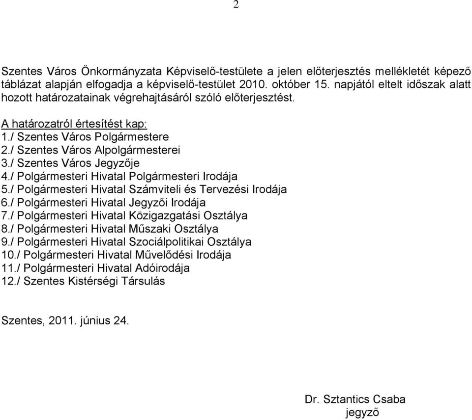 / Szentes Város Alpolgármesterei 3./ Szentes Város je 4./ i Hivatal i Irodája 5./ i Hivatal Számviteli és Tervezési Irodája 6./ i Hivatal i Irodája 7.