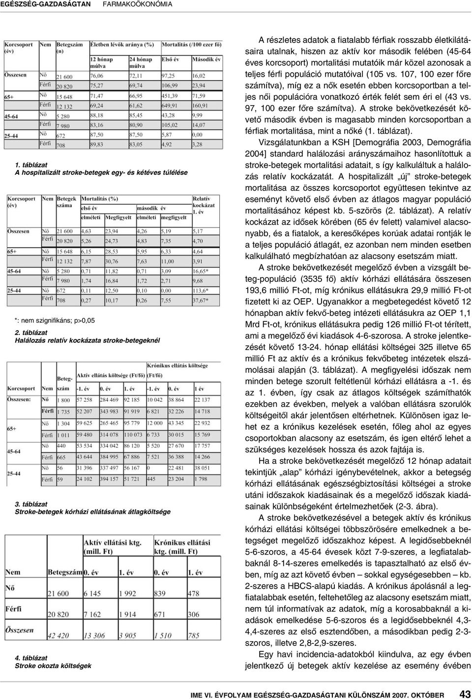 táblázat Stroke okozta költségek A részletes adatok a fiatalabb férfiak rosszabb életkilátásaira utalnak, hiszen az aktív kor második felében (45-64 éves korcsoport) mortalitási mutatóik már közel