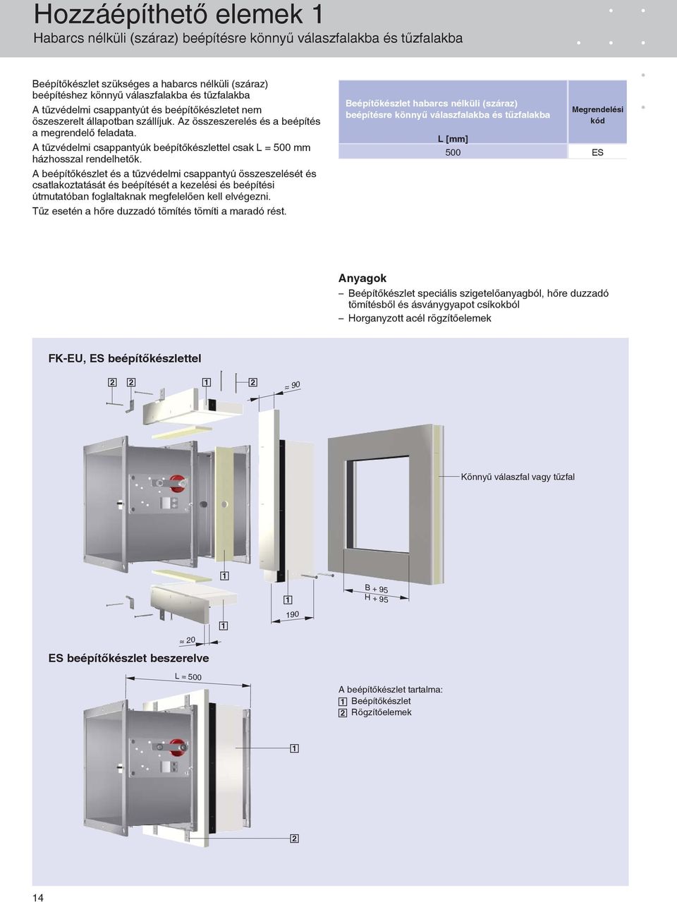 A tűzvédelmi csappantyúk beépítőkészlettel csak L = 500 mm házhosszal rendelhetők.