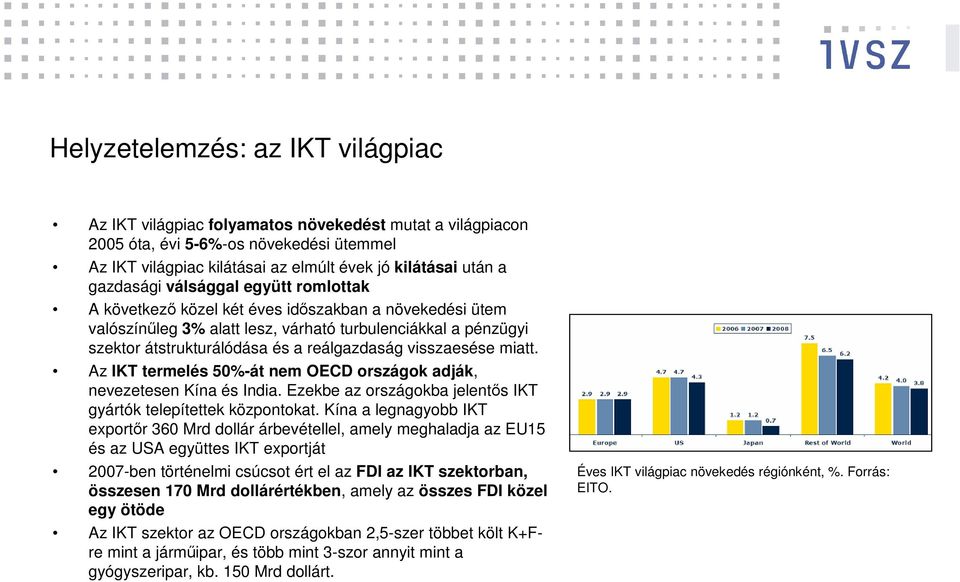 visszaesése miatt. Az IKT termelés 50%-át nem OECD országok adják, nevezetesen Kína és India. Ezekbe az országokba jelentős IKT gyártók telepítettek központokat.