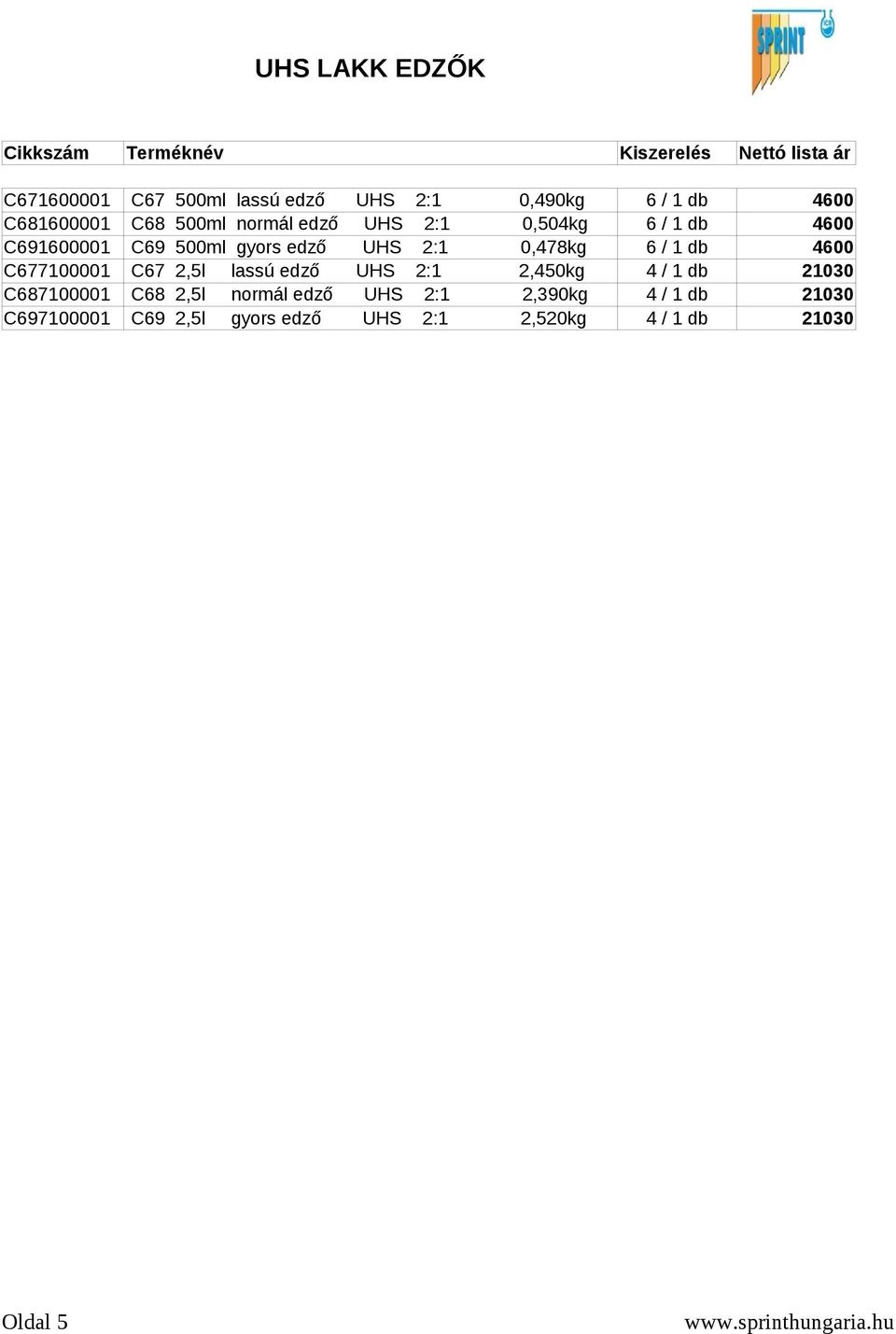 4600 C677100001 C67 2,5l lassú edző UHS 2:1 2,450kg 4 / 1 db 21030 C687100001 C68 2,5l normál edző