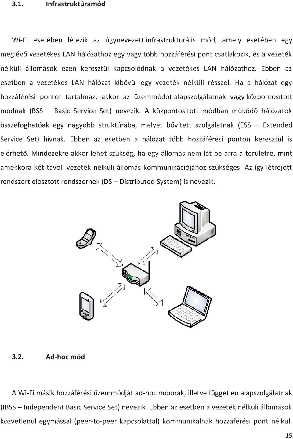 Ha a hálózat egy hozzáférési pontot tartalmaz, akkor az üzemmódot alapszolgálatnak vagy központosított módnak (BSS Basic Service Set) nevezik.