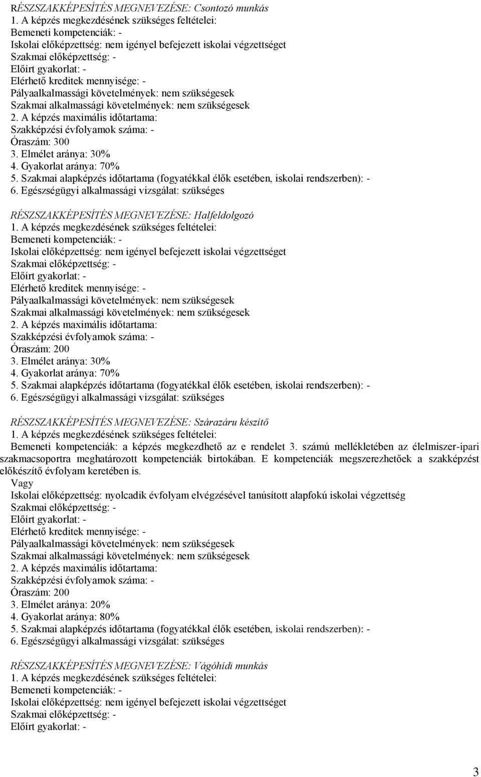 mennyisége: - Pályaalkalmassági követelmények: nem szükségesek Szakmai alkalmassági követelmények: nem szükségesek 2. A képzés maximális időtartama: Szakképzési évfolyamok száma: - Óraszám: 300 3.