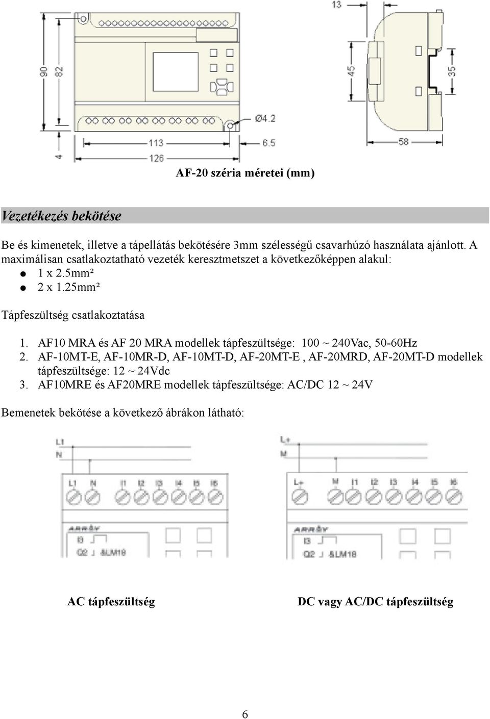 AF10 MRA és AF 20 MRA modellek tápfeszültsége: 100 ~ 240Vac, 50-60Hz 2.