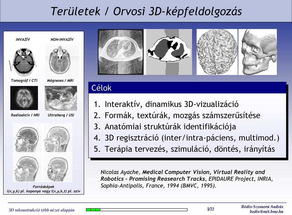 3D regisztráció (inter/intra-páciens, multimod.) 5. Terápia tervezés, szimuláció, döntés, irányítás Forrásképek I(x,y,k) pl.