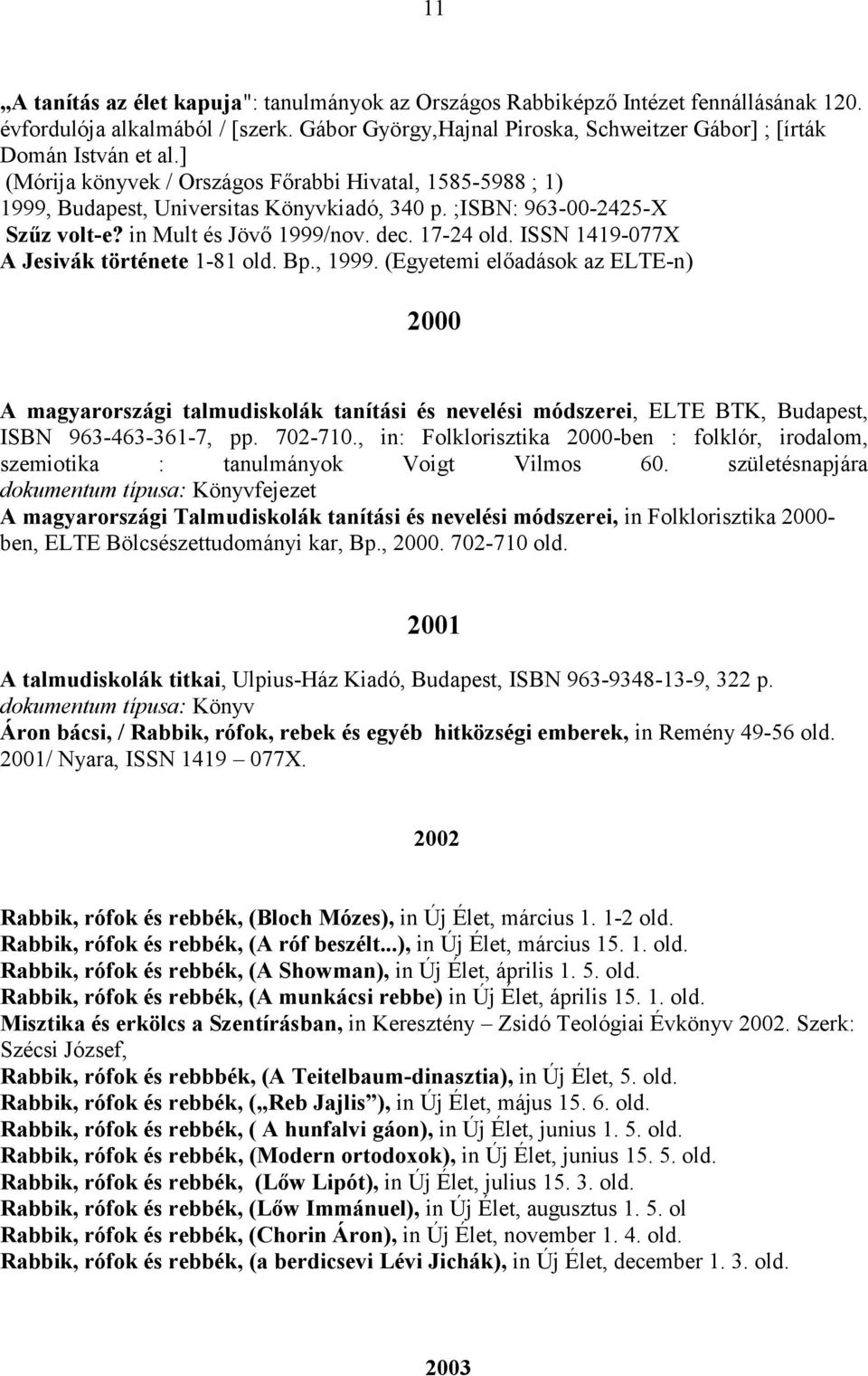 ISSN 1419-077X A Jesivák története 1-81 old. Bp., 1999. (Egyetemi előadások az ELTE-n) 2000 A magyarországi talmudiskolák tanítási és nevelési módszerei, ELTE BTK, Budapest, ISBN 963-463-361-7, pp.