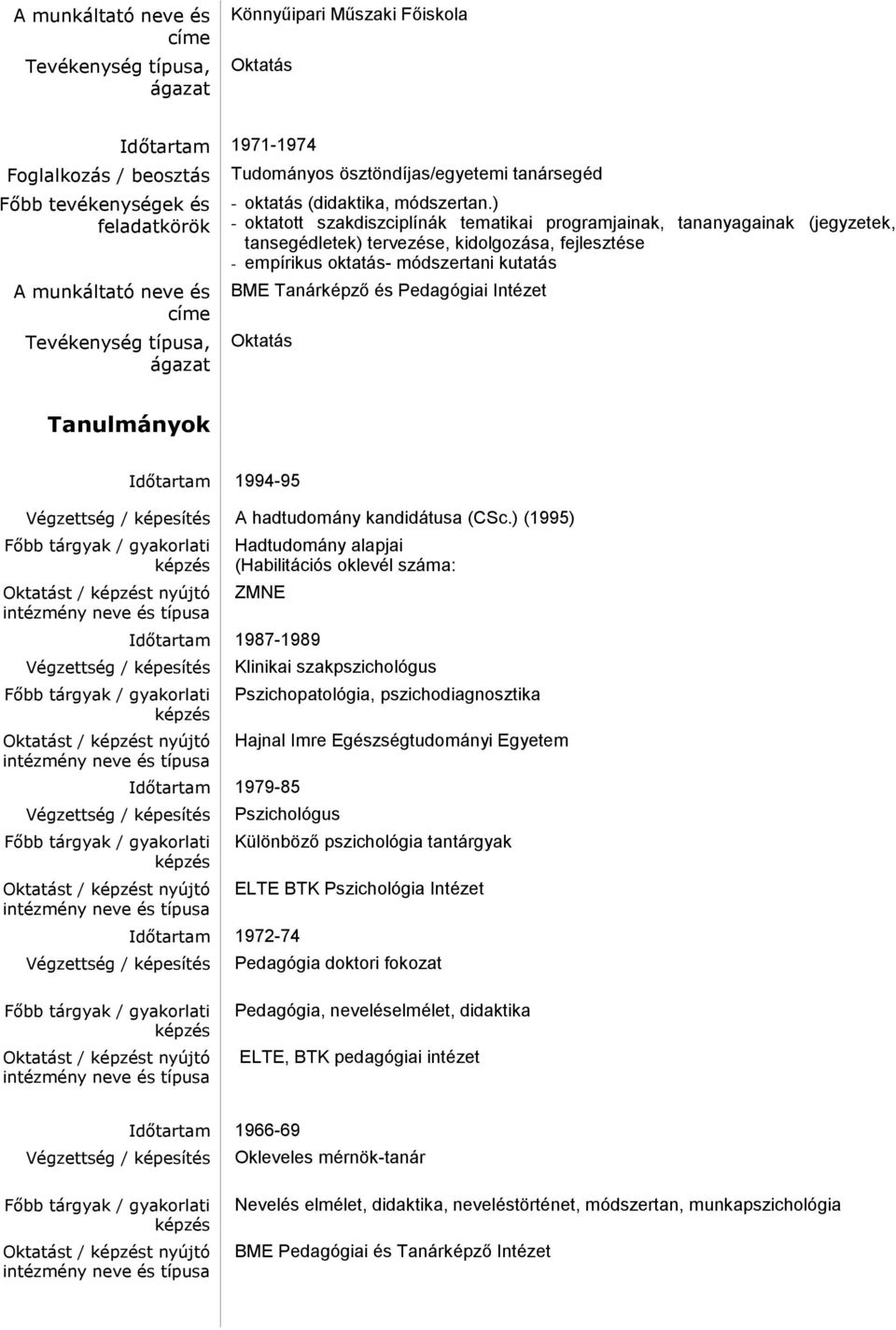 ) (1995) Hadtudomány alapjai (Habilitációs oklevél száma: ZMNE Időtartam 1987-1989 Időtartam 1979-85 Klinikai szakpszichológus Pszichopatológia, pszichodiagnosztika Hajnal Imre Egészségtudományi