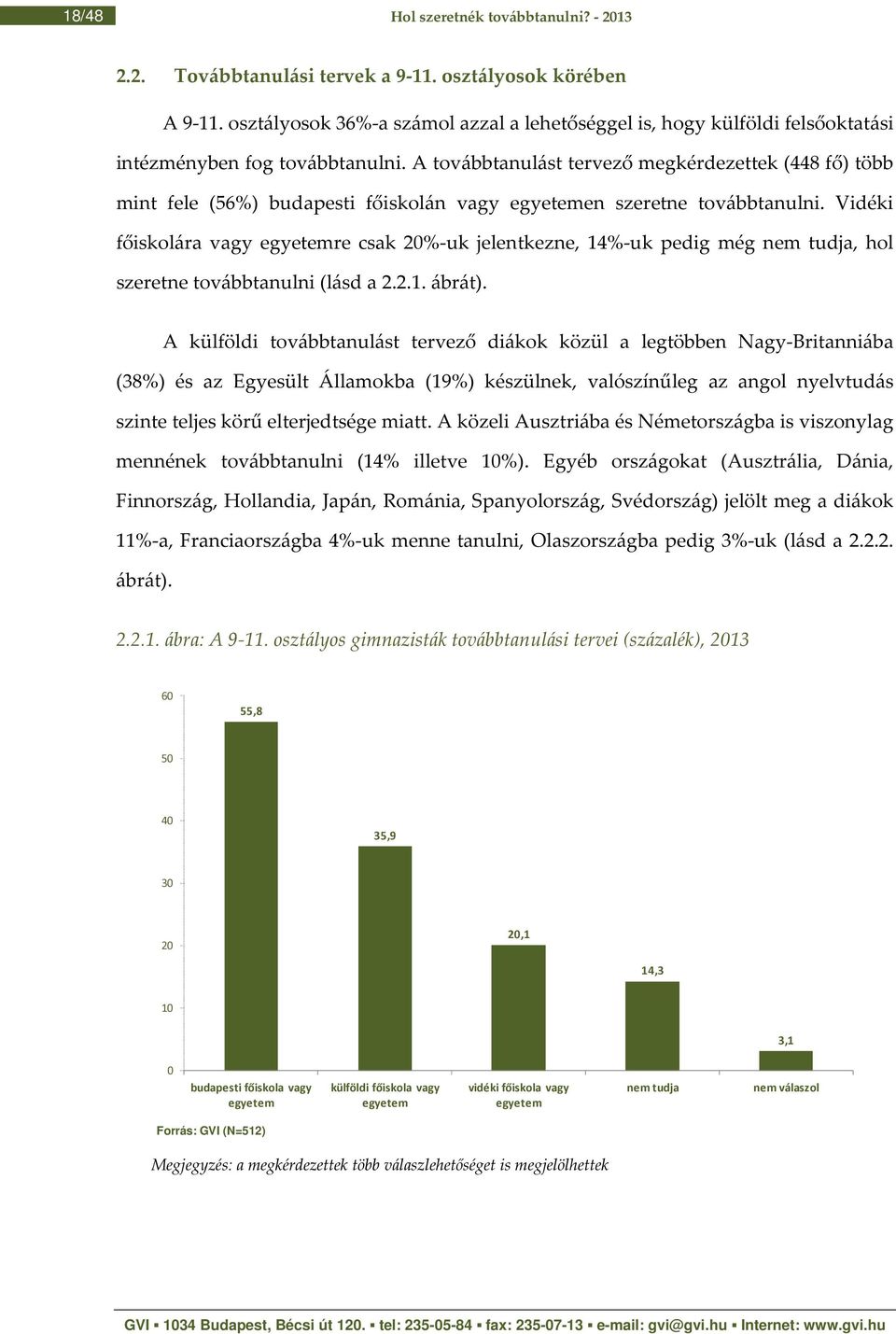 A továbbtanulást tervező megkérdezettek (448 fő) több mint fele (56%) budapesti főiskolán vagy egyetemen szeretne továbbtanulni.