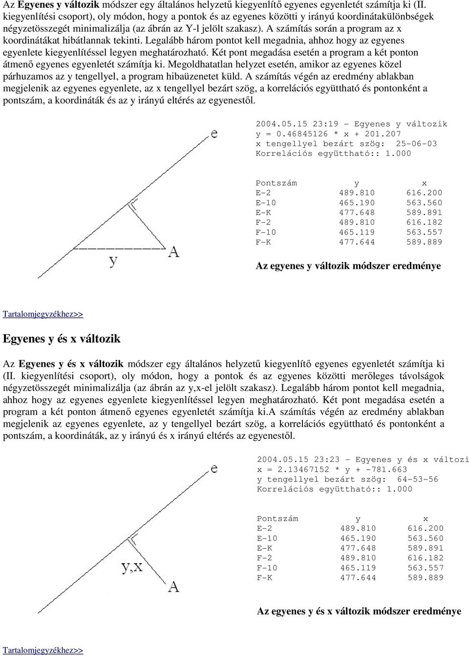 A számítás során a program az x koordinátákat hibátlannak tekinti. Legalább három pontot kell megadnia, ahhoz hogy az egyenes egyenlete kiegyenlítéssel legyen meghatározható.