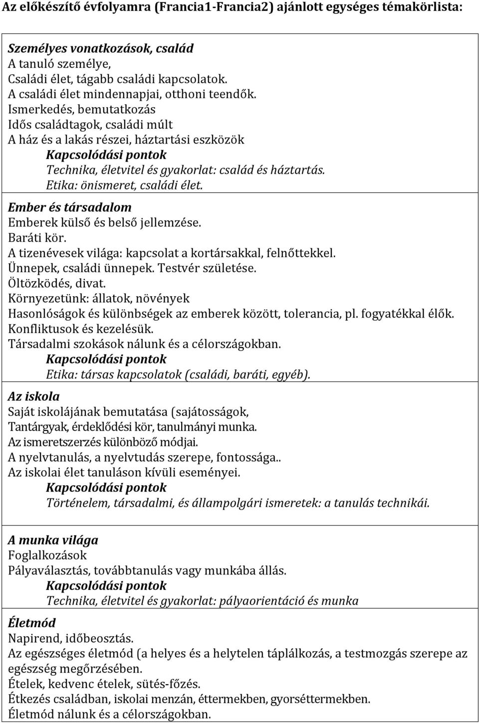 Ismerkedés, bemutatkozás Idős családtagok, családi múlt A ház és a lakás részei, háztartási eszközök Kapcsolódási pontok Technika, életvitel és gyakorlat: család és háztartás.