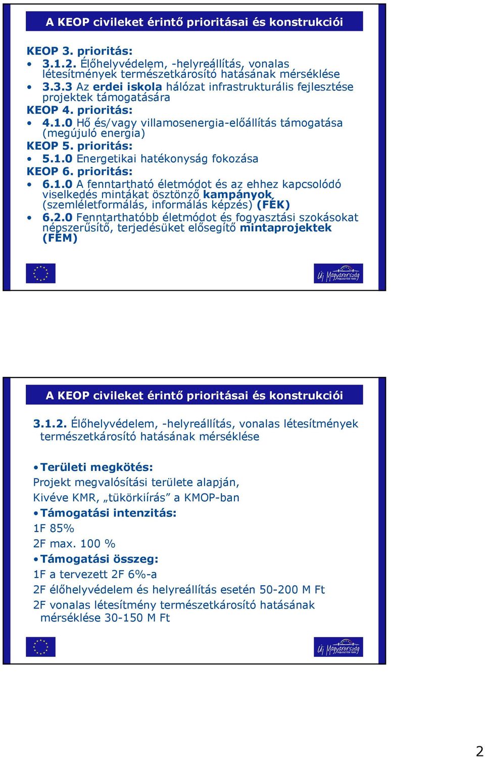 2.0 Fenntarthatóbb életmódot és fogyasztási szokásokat népszerősítı, terjedésüket elısegítı mintaprojektek (FÉM) A KEOP civileket érintı prioritásai és konstrukciói 3.1.2. Élıhelyvédelem,