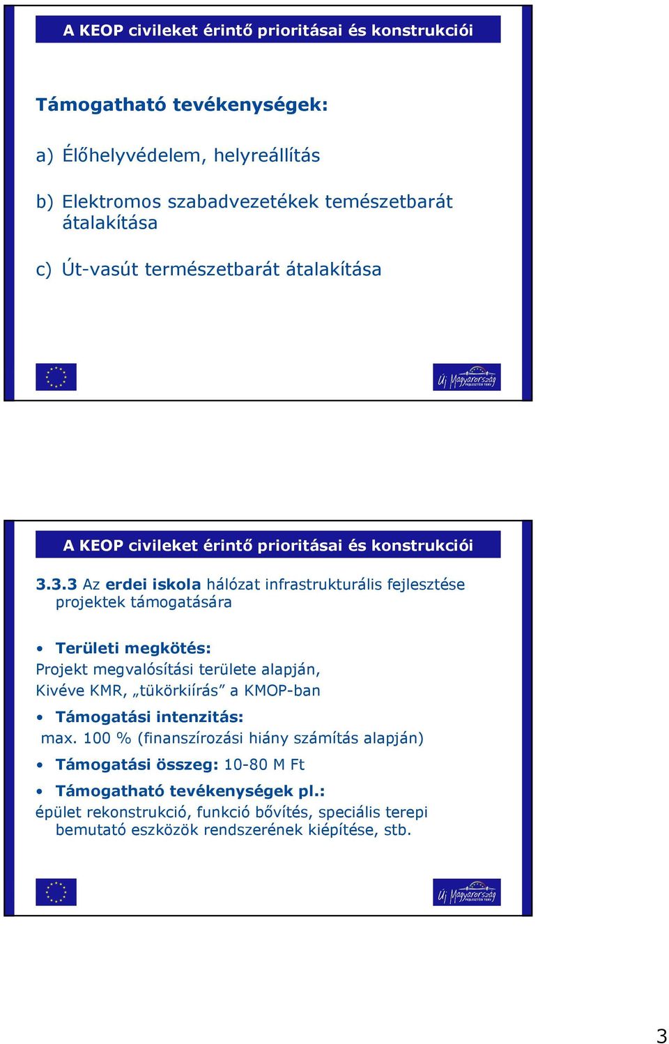 3.3 Az erdei iskola hálózat infrastrukturális fejlesztése projektek támogatására Területi megkötés: Projekt megvalósítási területe alapján, Kivéve KMR, tükörkiírás a