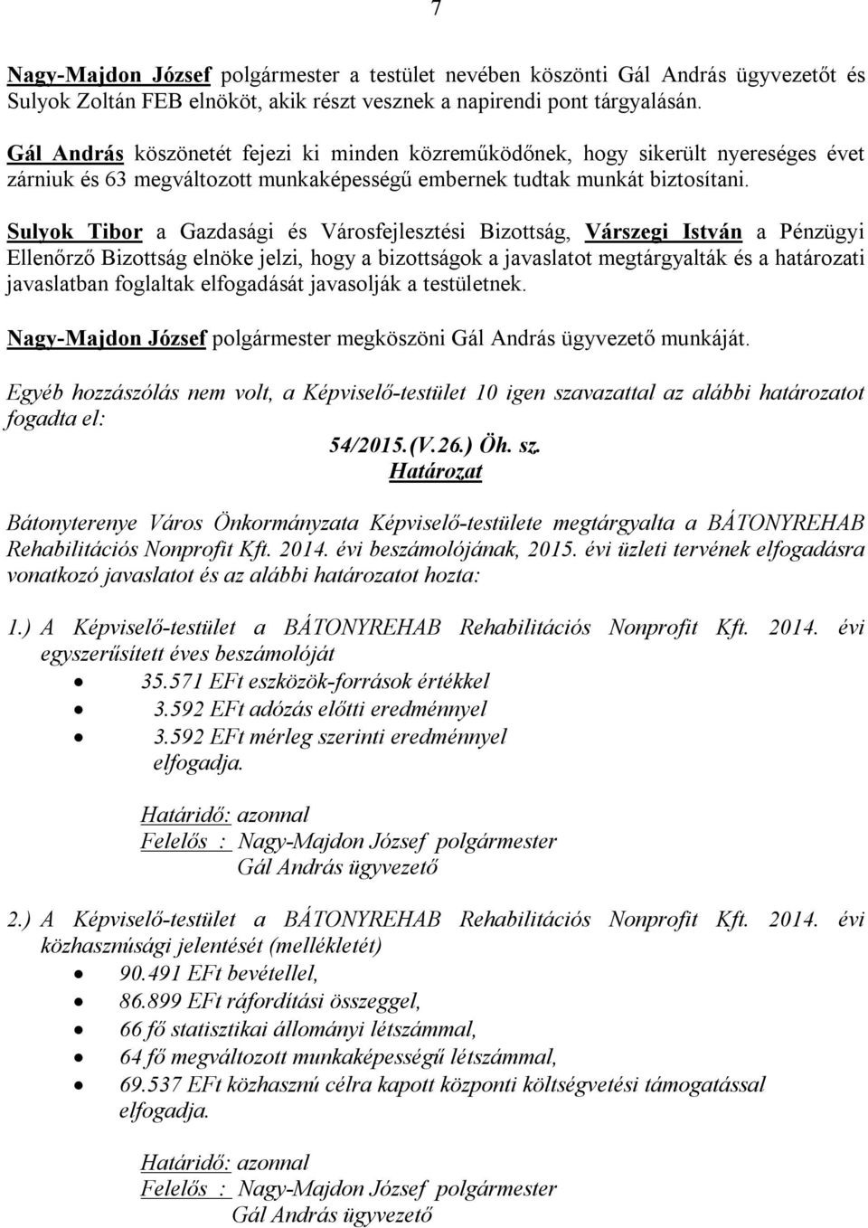 Sulyok Tibor a Gazdasági és Városfejlesztési Bizottság, Várszegi István a Pénzügyi Ellenőrző Bizottság elnöke jelzi, hogy a bizottságok a javaslatot megtárgyalták és a határozati javaslatban