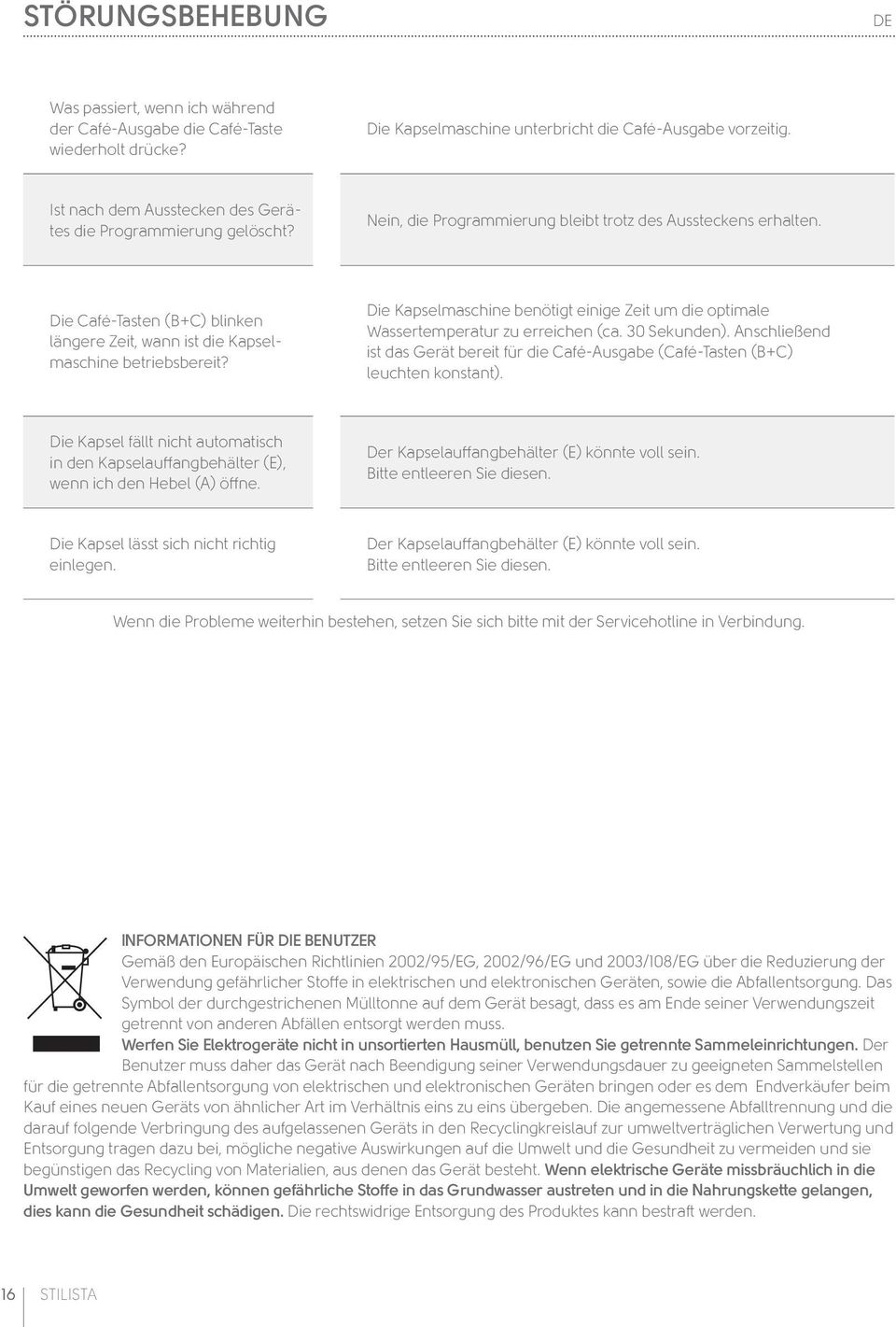 Die Café-Tasten (B+C) blinken längere Zeit, wann ist die Kapselmaschine betriebsbereit? Die Kapselmaschine benötigt einige Zeit um die optimale Wassertemperatur zu erreichen (ca. 30 Sekunden).