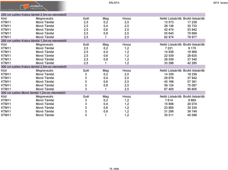 KTM11 Monó Támfal 2,5 0,6 1,2 22 539 28 625 KTM11 Monó Támfal 2,5 0,8 1,2 29 559 37 540 KTM11 Monó Támfal 2,5 1 1,2 33 296 42 285 300 cm széles Kobox támfal 2,5m-es elemekből KTM11 Monó Támfal 3 0,2