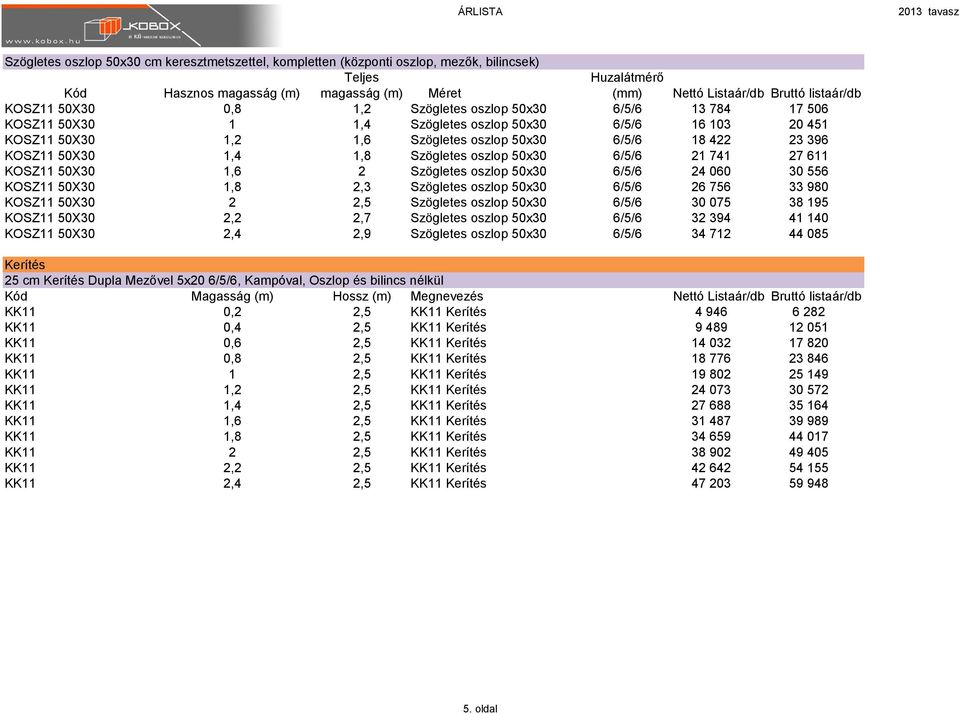50X30 1,4 1,8 Szögletes oszlop 50x30 6/5/6 21 741 27 611 KOSZ11 50X30 1,6 2 Szögletes oszlop 50x30 6/5/6 24 060 30 556 KOSZ11 50X30 1,8 2,3 Szögletes oszlop 50x30 6/5/6 26 756 33 980 KOSZ11 50X30 2