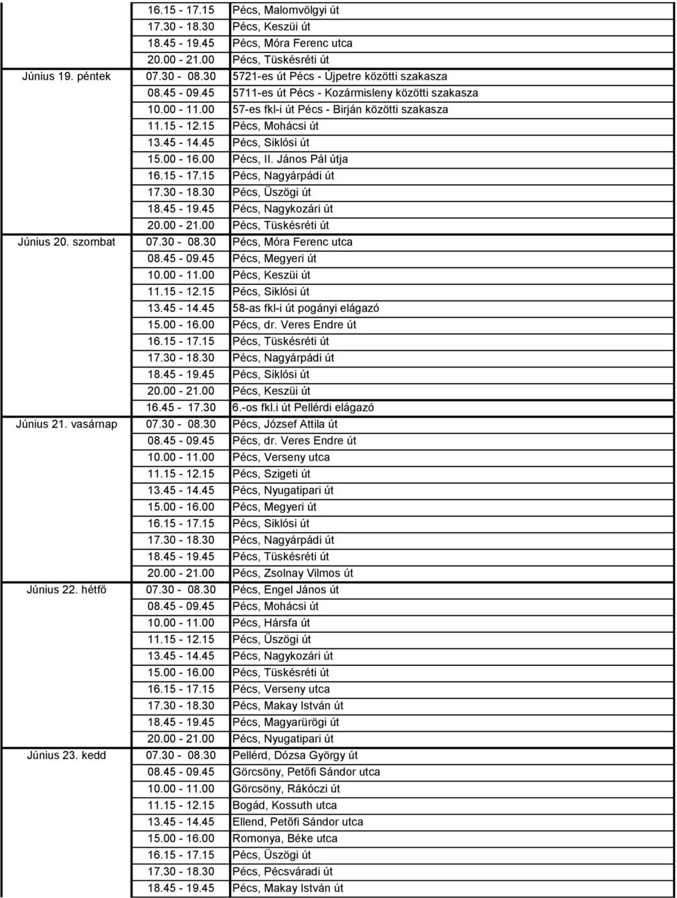 30 óráig Pécs, Malomvölgyi út Pécs, Keszüi út Pécs, Móra Ferenc utca 5721-es út Pécs - Újpetre közötti szakasza 5711-es út Pécs - Kozármisleny közötti szakasza 57-es fkl-i út Pécs - Birján közötti