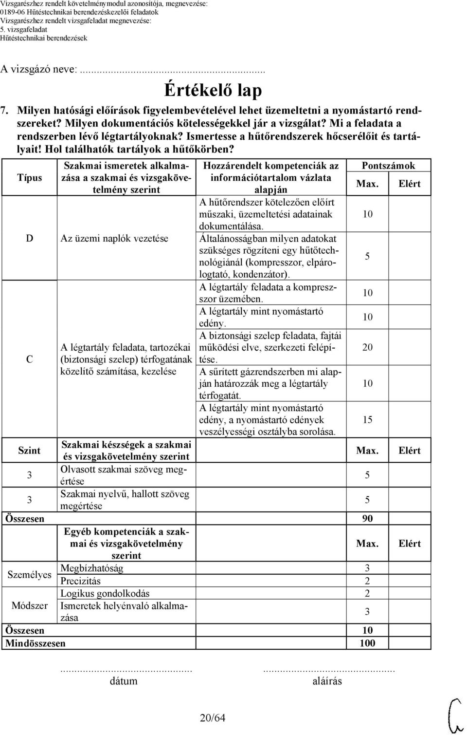 Típus D C Szakmai ismeretek alkalmazása a szakmai és vizsgakövetelmény Az üzemi naplók vezetése A légtartály feladata, tartozékai (biztonsági szelep) térfogatának közelítő számítása, kezelése