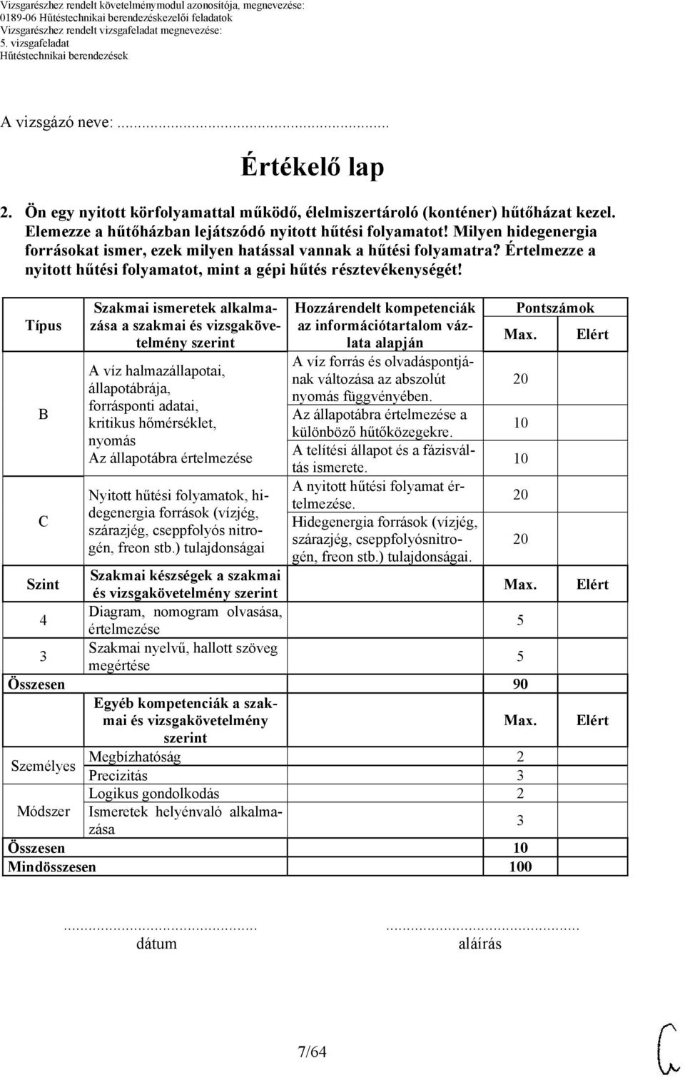 Típus B C Szakmai ismeretek alkalmazása a szakmai és vizsgakövetelmény A víz halmazállapotai, állapotábrája, forrásponti adatai, kritikus hőmérséklet, nyomás Az állapotábra értelmezése Nyitott hűtési