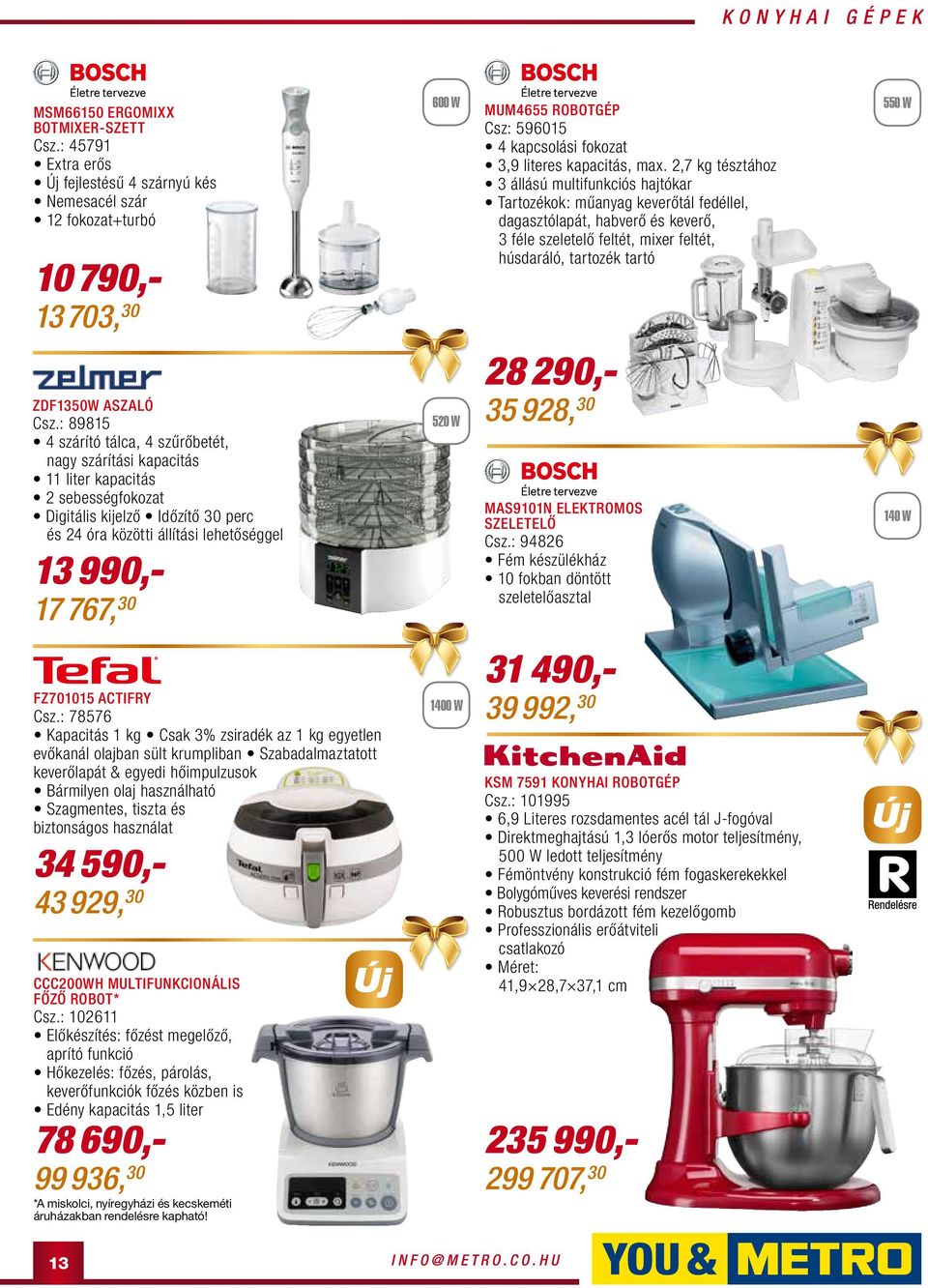 2,7 kg tésztához 3 állású multifunkciós hajtókar Tartozékok: műanyag keverőtál fedéllel, dagasztólapát, habverő és keverő, 3 féle szeletelő feltét, mixer feltét, húsdaráló, tartozék tartó 550 W