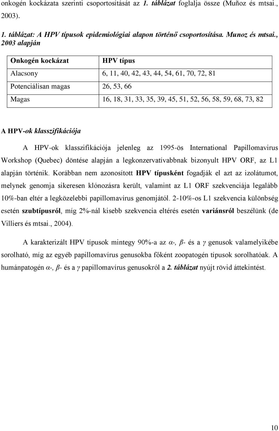 klasszifikációja A HPV-ok klasszifikációja jelenleg az 1995-ös International Papillomavirus Workshop (Quebec) döntése alapján a legkonzervatívabbnak bizonyult HPV ORF, az L1 alapján történik.