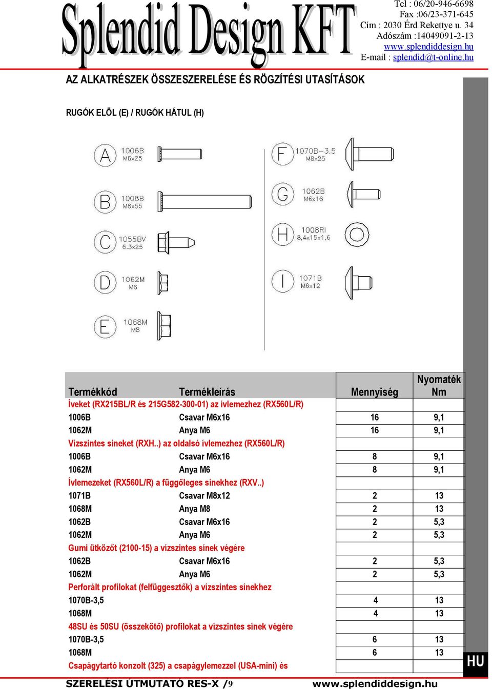 .) 07B Csavar M8x 068M Anya M8 06B Csavar M6x6 06M Anya M6 Gumi ütközőt (00-5) a vízszintes sínek végére 06B Csavar M6x6 06M Anya M6 Perforált profilokat (felfüggesztők) a vízszintes sínekhez