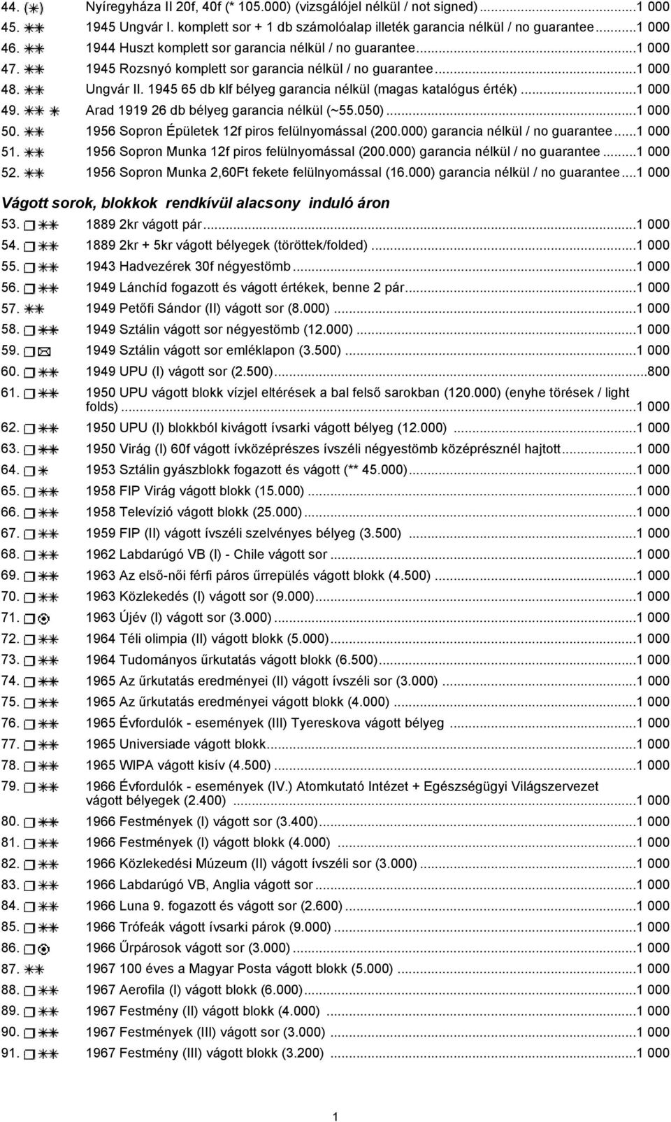 1945 65 db klf bélyeg garancia nélkül (magas katalógus érték)...1 000 49. Arad 1919 26 db bélyeg garancia nélkül (~55.050)...1 000 50. 1956 Sopron Épületek 12f piros felülnyomással (200.