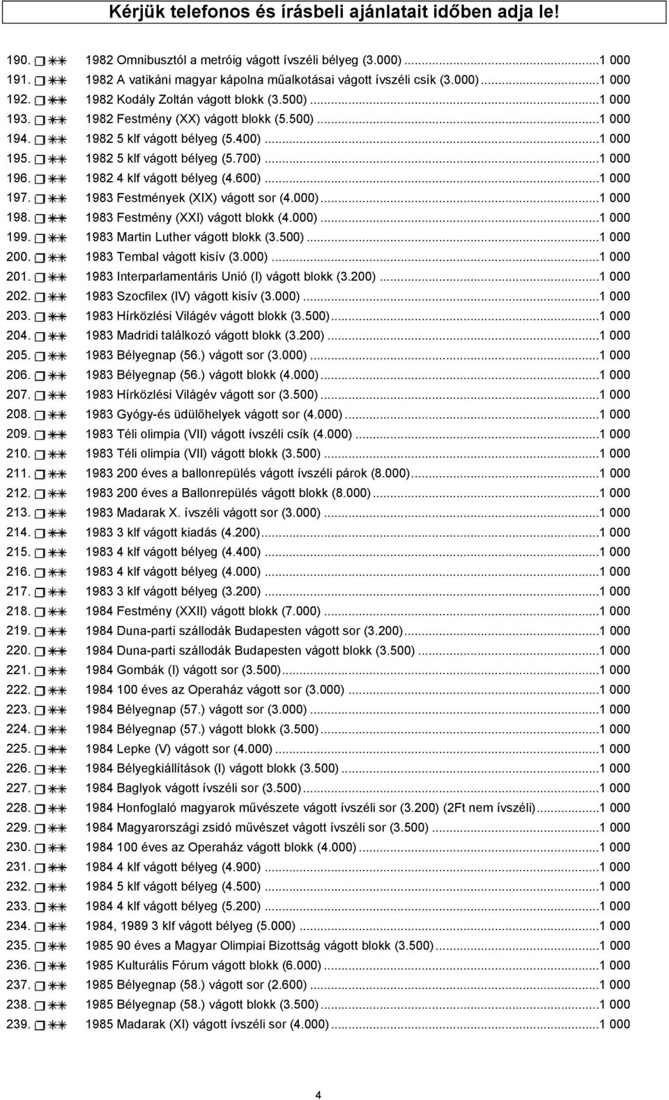 ..1 000 196. 1982 4 klf vágott bélyeg (4.600)...1 000 197. 1983 Festmények (XIX) vágott sor (4.000)...1 000 198. 1983 Festmény (XXI) vágott blokk (4.000)...1 000 199.