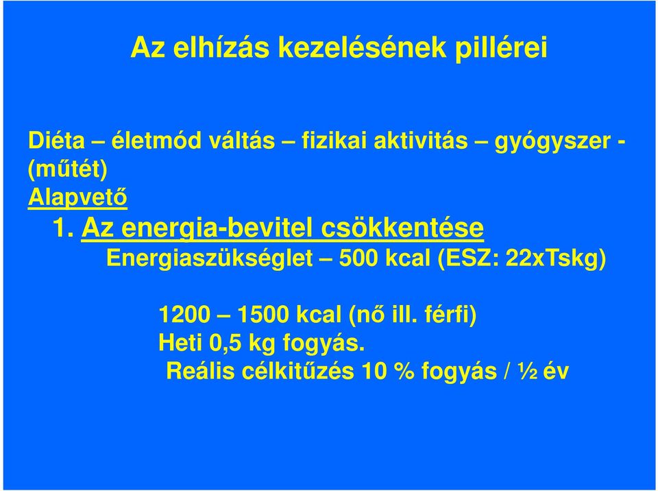 Az energia-bevitel csökkentése Energiaszükséglet 500 kcal (ESZ: