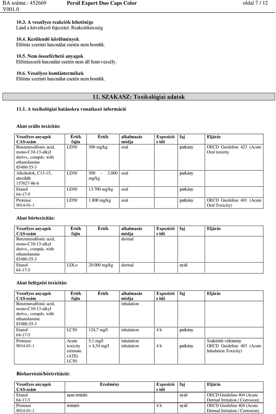 SZAKASZ: Toxikológiai adatok Akut orális toxicitás: Benzenesulfonic acid, mono-c10-13-alkyl derivs., compds.