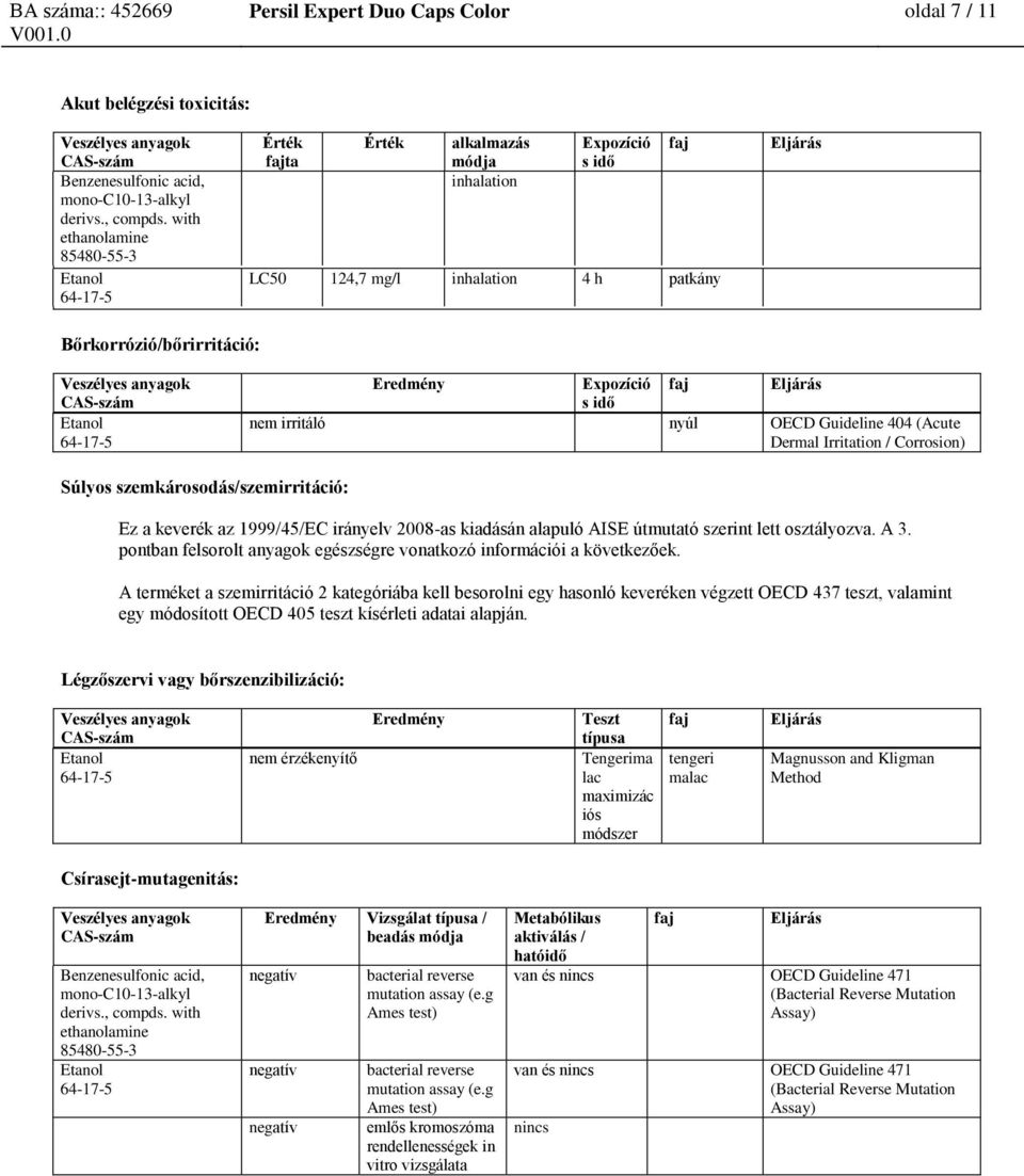 Dermal Irritation / Corrosion) Súlyos szemkárosodás/szemirritáció: Ez a keverék az 1999/45/EC irányelv 2008-as kiadásán alapuló AISE útmutató szerint lett osztályozva. A 3.
