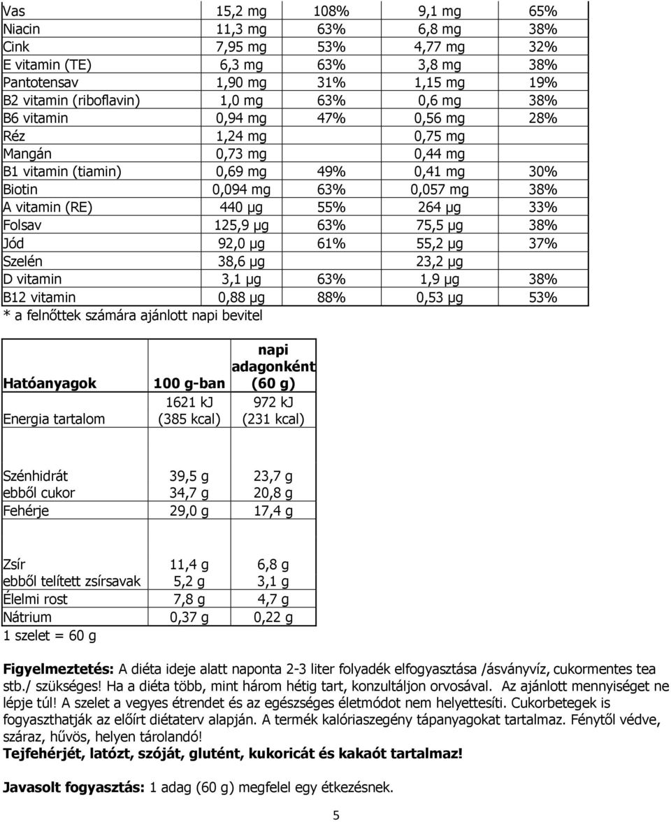 Folsav 125,9 µg 63% 75,5 µg 38% Jód 92,0 µg 61% 55,2 µg 37% Szelén 38,6 µg 23,2 µg D vitamin 3,1 µg 63% 1,9 µg 38% B12 vitamin 0,88 µg 88% 0,53 µg 53% * a felnıttek számára ajánlott bevitel