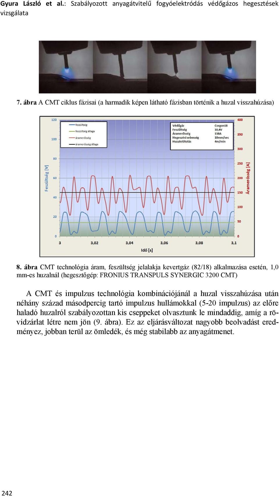 ábra CMT technológia áram, jelalakja kevertgáz (82/18) alkalmazása esetén, 1, mm-es huzalnál (hegesztőgép: FRONIUS TRANSPULS SYNERGIC 32 CMT) A CMT és impulzus technológia