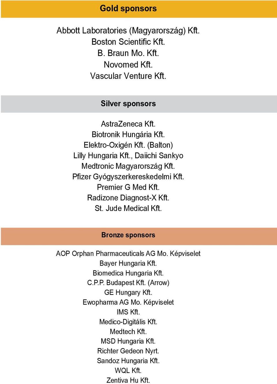 Radizone Diagnost-X Kft. St. Jude Medical Kft. Bronze sponsors AOP Orphan Pharmaceuticals AG Mo. Képviselet Bayer Hungaria Kft. Biomedica Hungaria Kft. C.P.P. Budapest Kft.