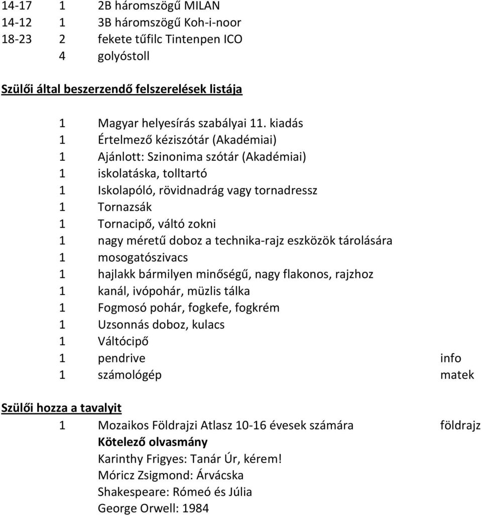 méretű doboz a technika-rajz eszközök tárolására 1 mosogatószivacs 1 hajlakk bármilyen minőségű, nagy flakonos, rajzhoz 1 kanál, ivópohár, müzlis tálka 1 Fogmosó pohár, fogkefe, fogkrém 1 Uzsonnás