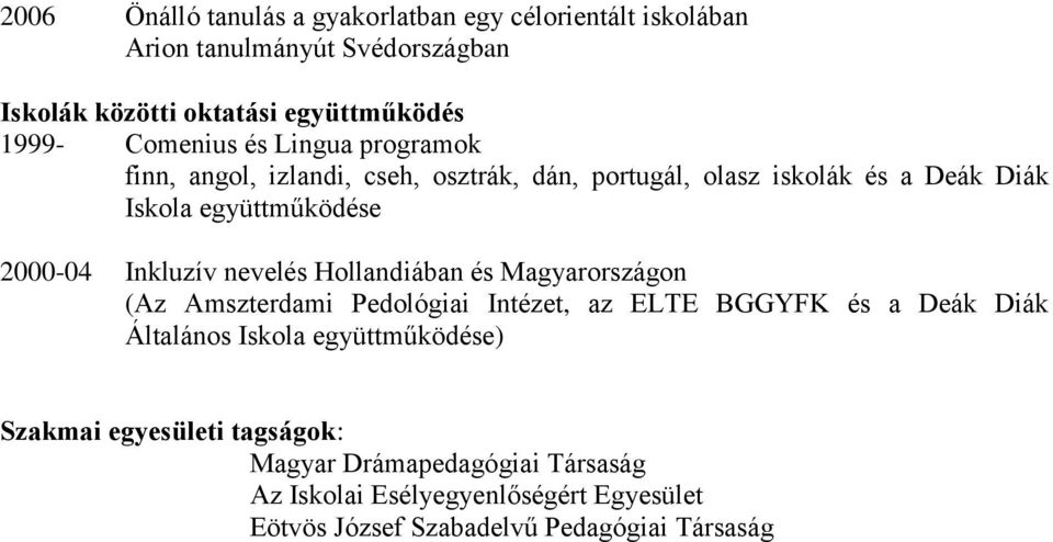 együttműködése 2000-04 Inkluzív nevelés Hollandiában és Magyarországon (Az Amszterdami Pedológiai Intézet, az ELTE BGGYFK és a Deák