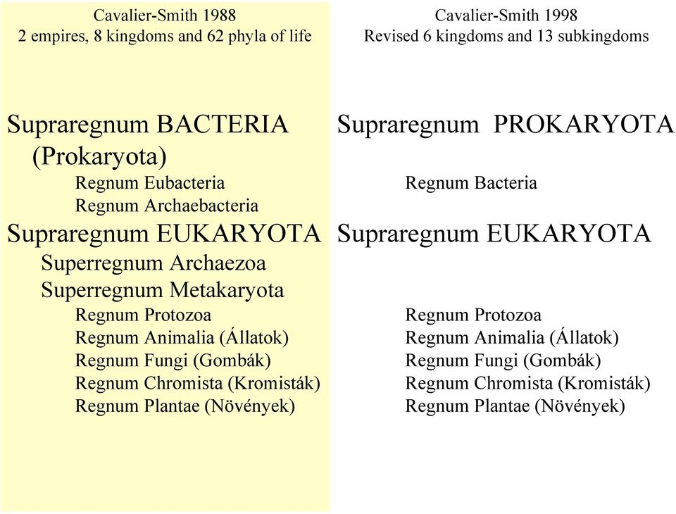 Protozoa Regnum Animalia (Állatok) Regnum Fungi (Gombák) Regnum Chromista (Kromisták) Regnum Plantae (Növények) Supraregnum PROKARYOTA