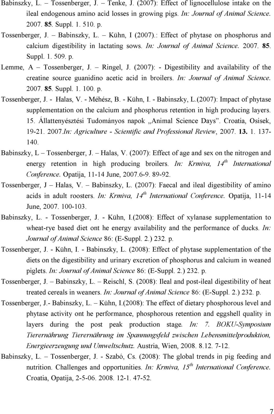 (2007): - Digestibility and availability of the creatine source guanidino acetic acid in broilers. In: Journal of Animal Science. 2007. 85. Suppl. 1. 100. p. Tossenberger, J. - Halas, V. - Méhész, B.