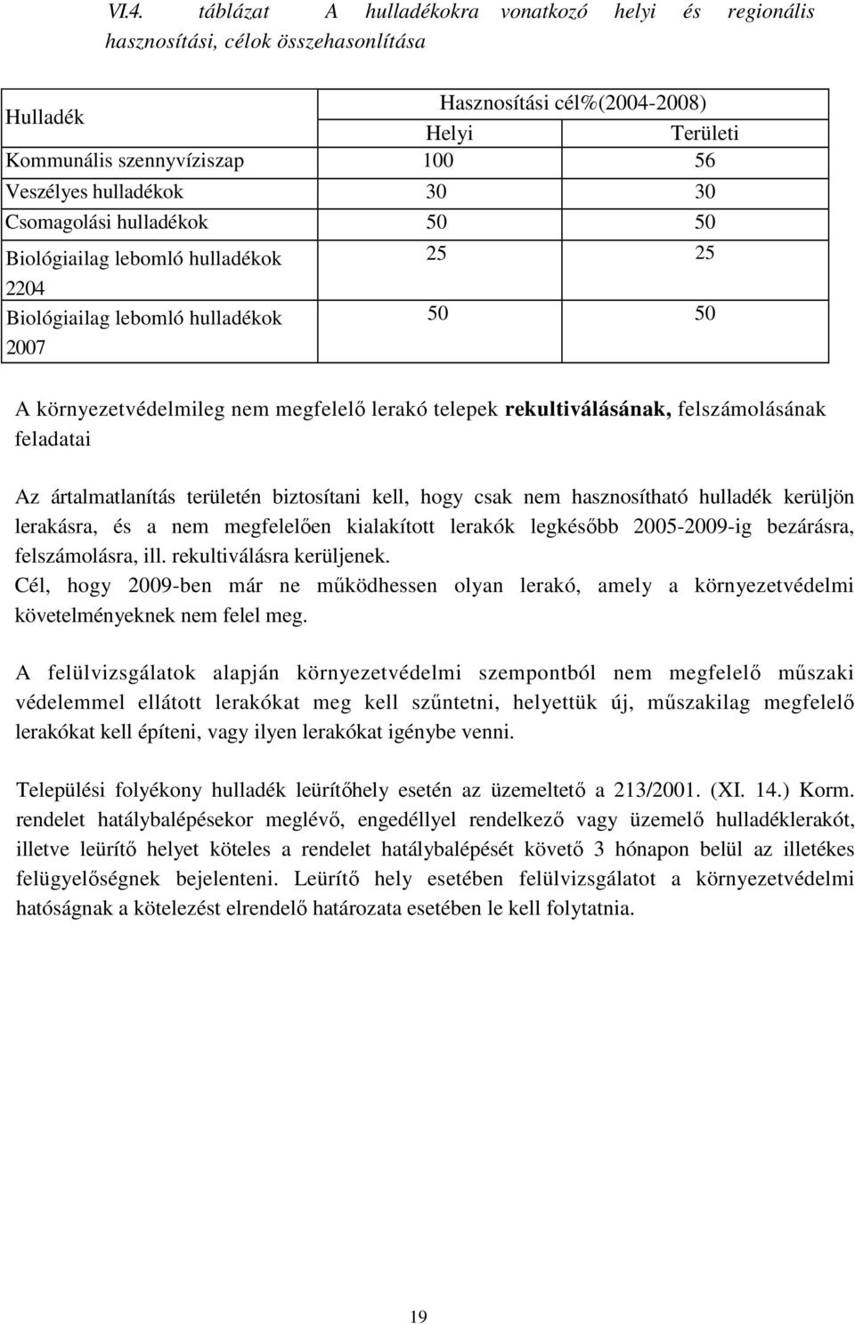 rekultiválásának, felszámolásának feladatai Az ártalmatlanítás területén biztosítani kell, hogy csak nem hasznosítható hulladék kerüljön lerakásra, és a nem megfelelıen kialakított lerakók legkésıbb