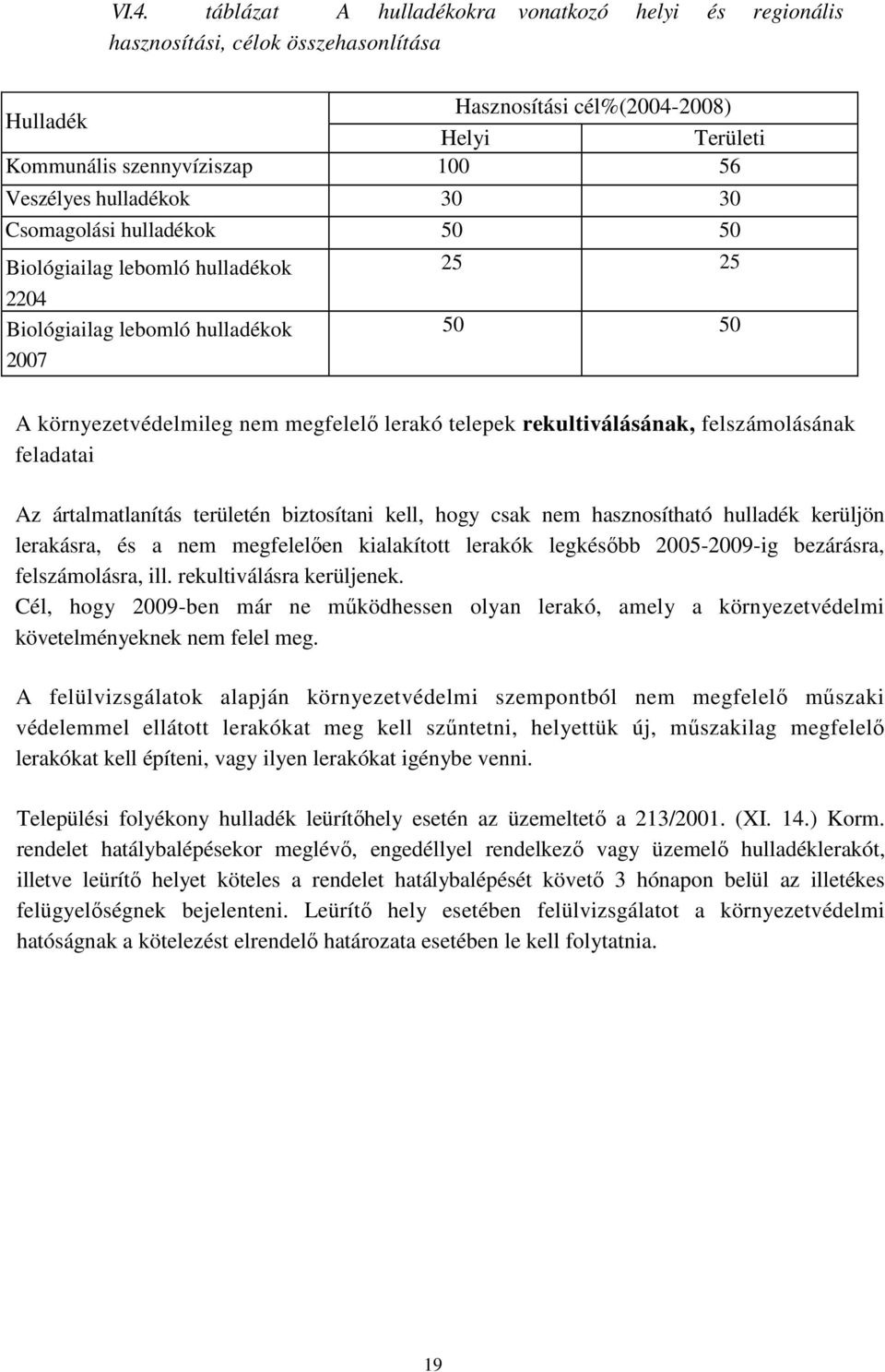 rekultiválásának, felszámolásának feladatai Az ártalmatlanítás területén biztosítani kell, hogy csak nem hasznosítható hulladék kerüljön lerakásra, és a nem megfelelıen kialakított lerakók legkésıbb