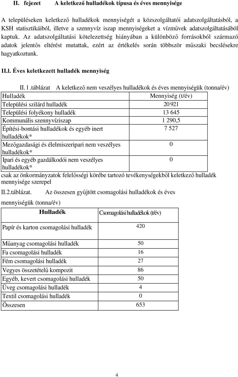 Az adatszolgáltatási kötelezettség hiányában a különbözı forrásokból származó adatok jelentıs eltérést mutattak, ezért az értékelés során többször mőszaki becslésekre hagyatkoztunk. II.l. Éves keletkezett hulladék mennyiség II.