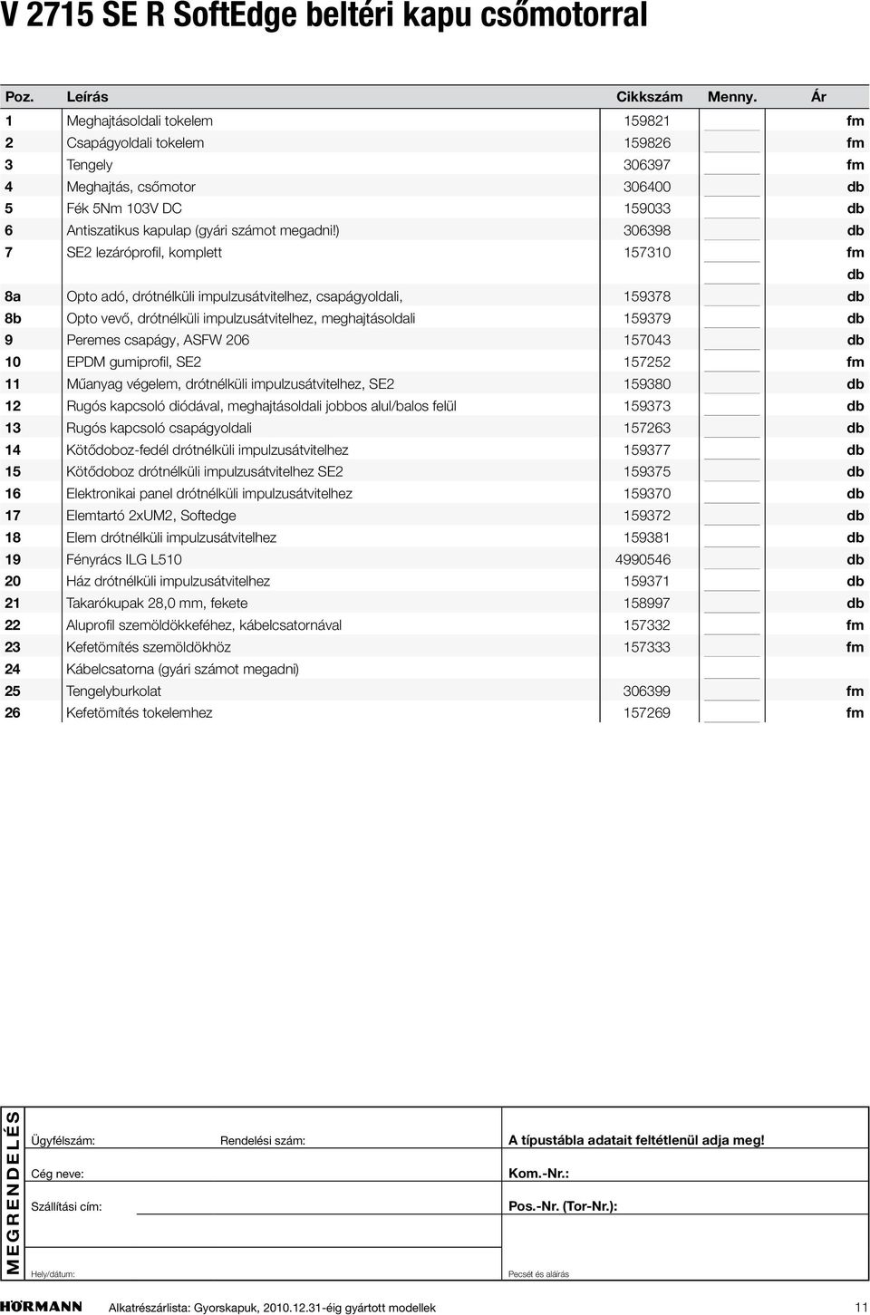 ) 306398 7 SE2 lezáróprofil, komplett 157310 fm 8a Opto adó, drótnélküli impulzusátvitelhez, csapágyoldali, 159378 8b Opto vevő, drótnélküli impulzusátvitelhez, meghajtásoldali 159379 9 Peremes