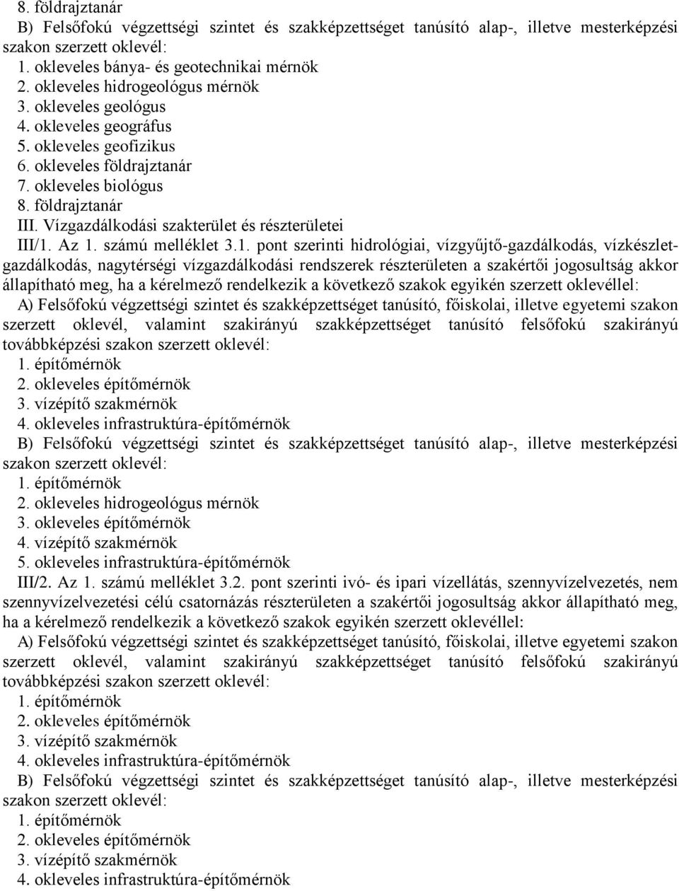 Az 1. számú melléklet 3.1. pont szerinti hidrológiai, vízgyűjtő-gazdálkodás, vízkészletgazdálkodás, nagytérségi vízgazdálkodási rendszerek részterületen a szakértői jogosultság akkor állapítható meg,