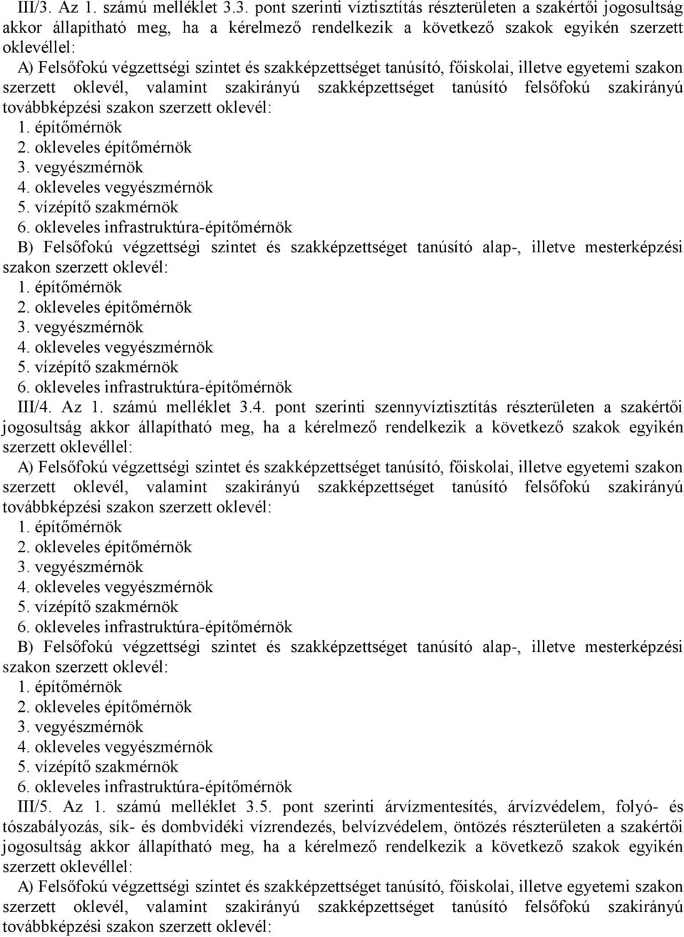 Az 1. számú melléklet 3.4. pont szerinti szennyvíztisztítás részterületen a szakértői jogosultság akkor állapítható meg, ha a kérelmező rendelkezik a következő szakok egyikén szerzett oklevéllel: 3.