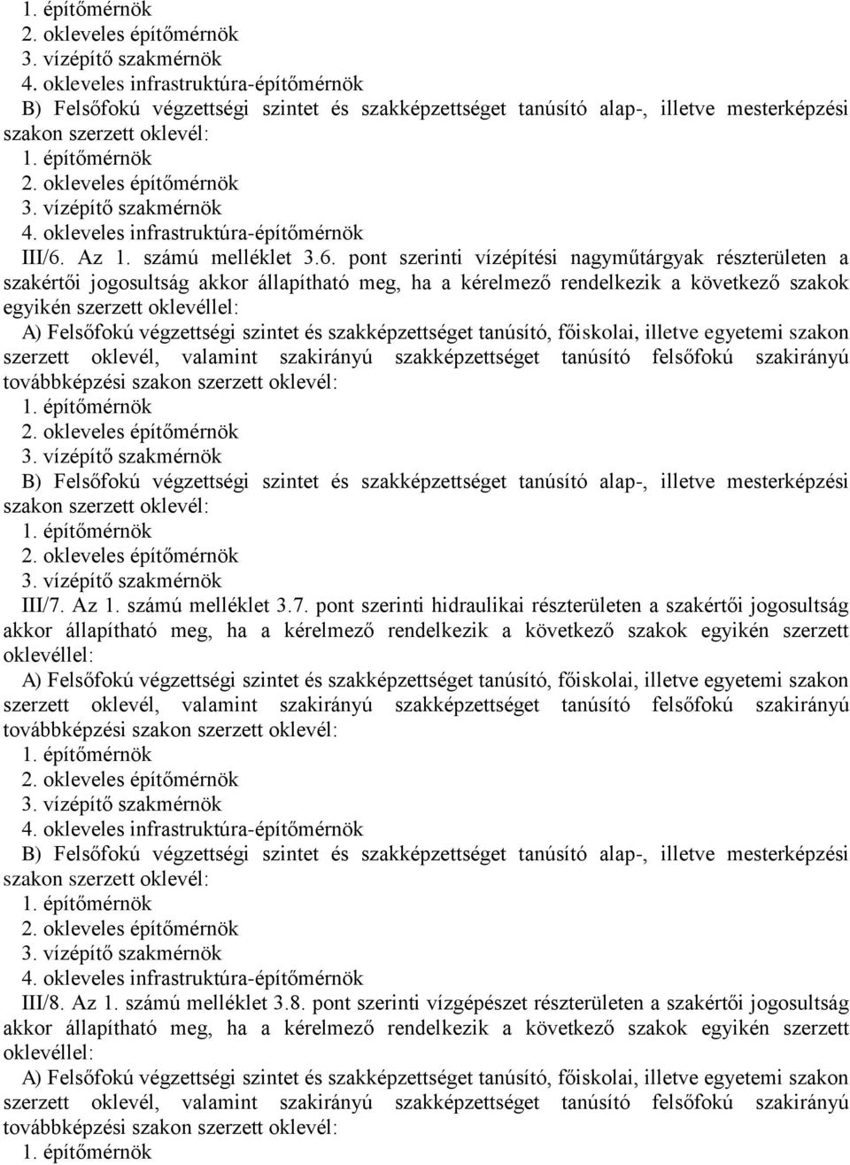 pont szerinti vízépítési nagyműtárgyak részterületen a szakértői jogosultság akkor állapítható meg, ha a kérelmező rendelkezik a következő szakok egyikén szerzett oklevéllel: III/7. Az 1.