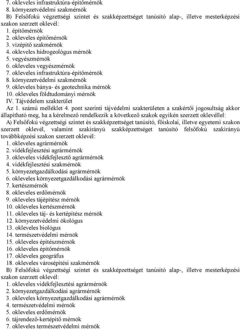pont szerinti tájvédelmi szakterületen a szakértői jogosultság akkor állapítható meg, ha a kérelmező rendelkezik a következő szakok egyikén szerzett oklevéllel: 1. okleveles agrármérnök 2.