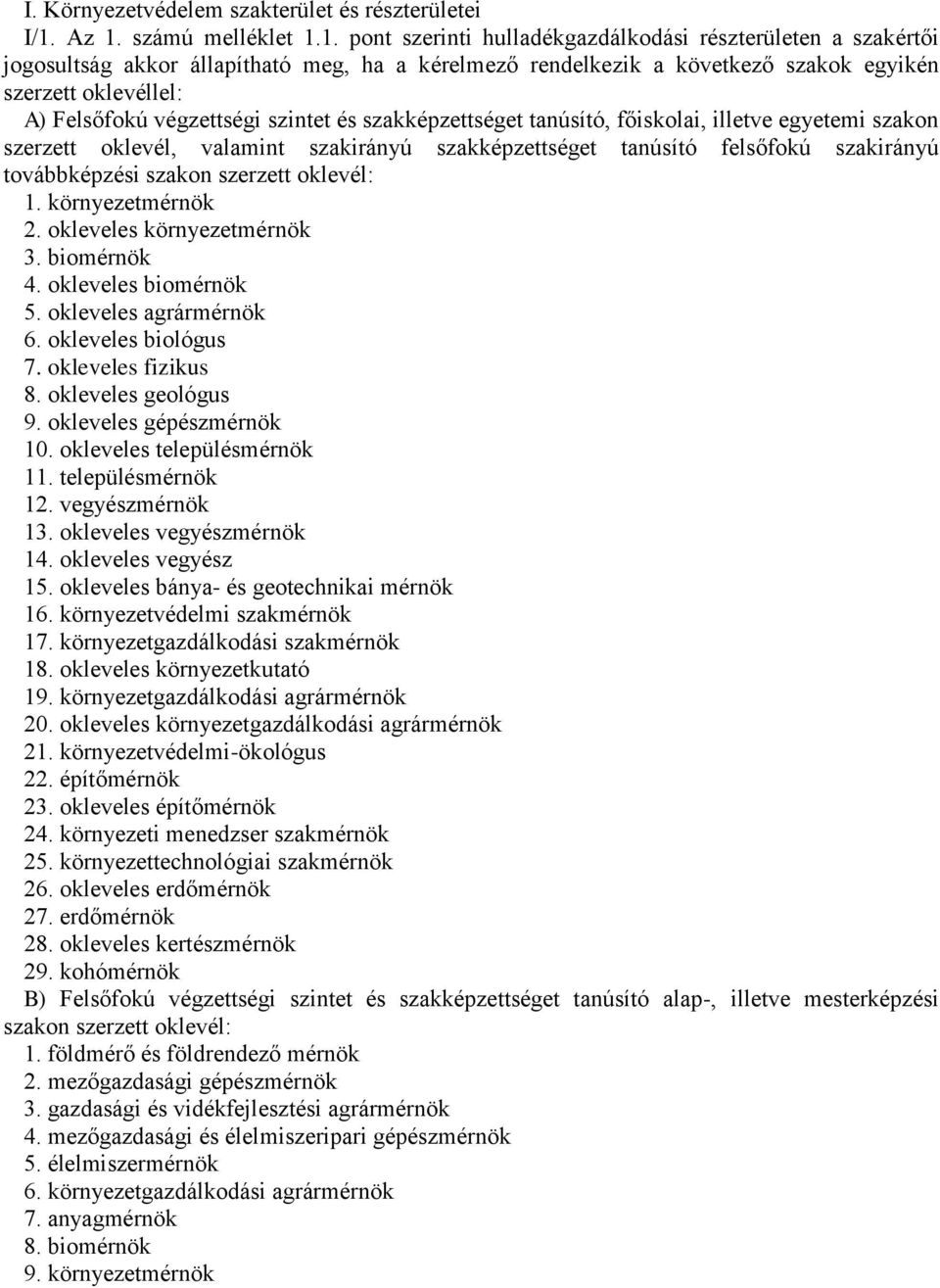 környezetmérnök 2. okleveles környezetmérnök 3. biomérnök 4. okleveles biomérnök 5. okleveles agrármérnök 6. okleveles biológus 7. okleveles fizikus 8. okleveles geológus 9. okleveles gépészmérnök 10.